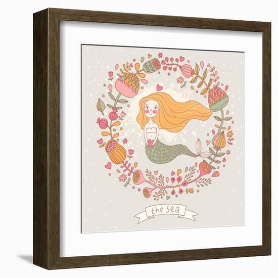 Cute Vector Background with Beautiful Mermaid in Flowers with Place for Text. Retro Style Card.-smilewithjul-Framed Art Print