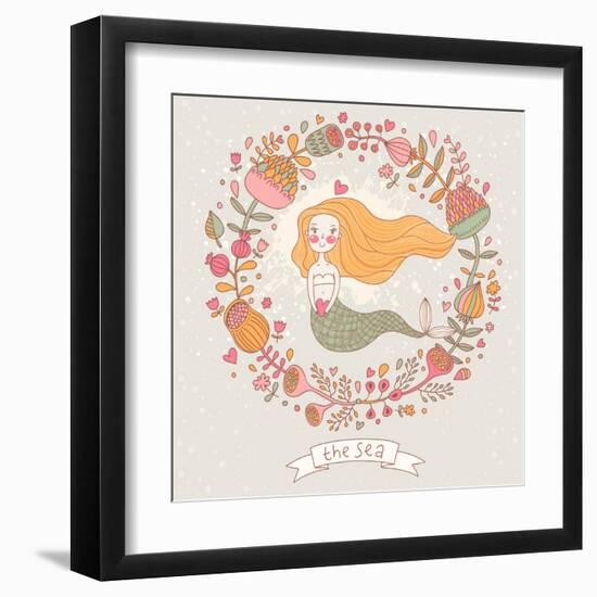 Cute Vector Background with Beautiful Mermaid in Flowers with Place for Text. Retro Style Card.-smilewithjul-Framed Art Print