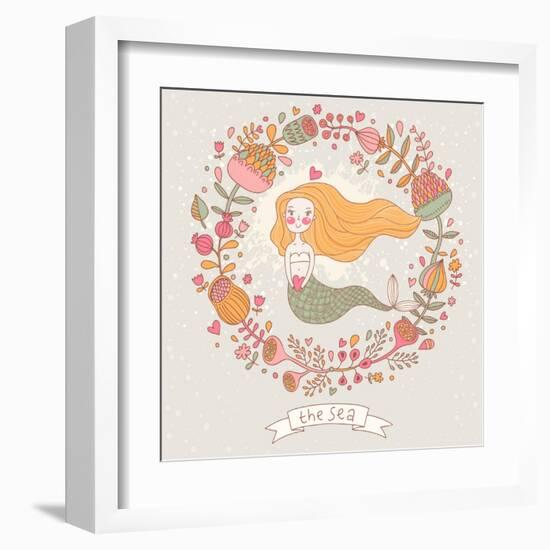 Cute Vector Background with Beautiful Mermaid in Flowers with Place for Text. Retro Style Card.-smilewithjul-Framed Art Print