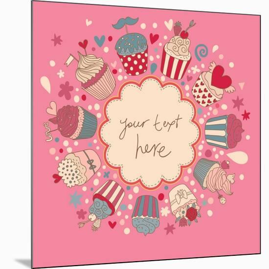 Cute Vector Background with Vintage Cupcakes. Romantic Bakery Frame with Place for Text. Birthday D-smilewithjul-Mounted Art Print