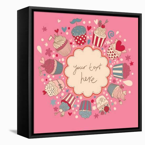 Cute Vector Background with Vintage Cupcakes. Romantic Bakery Frame with Place for Text. Birthday D-smilewithjul-Framed Stretched Canvas
