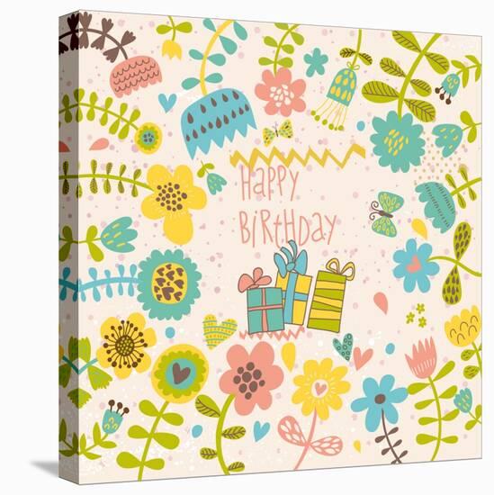 Cute Vector Birthday Invitation Card with Gifts and Flowers. Floral Celebration Template in Fresh C-smilewithjul-Stretched Canvas