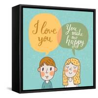 Cute Vector Card with Boy and Girl in Love. Romantic Background with I Love You Lettering. You Make-smilewithjul-Framed Stretched Canvas