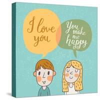 Cute Vector Card with Boy and Girl in Love. Romantic Background with I Love You Lettering. You Make-smilewithjul-Stretched Canvas