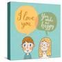 Cute Vector Card with Boy and Girl in Love. Romantic Background with I Love You Lettering. You Make-smilewithjul-Stretched Canvas