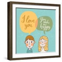 Cute Vector Card with Boy and Girl in Love. Romantic Background with I Love You Lettering. You Make-smilewithjul-Framed Art Print