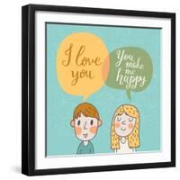 Cute Vector Card with Boy and Girl in Love. Romantic Background with I Love You Lettering. You Make-smilewithjul-Framed Art Print