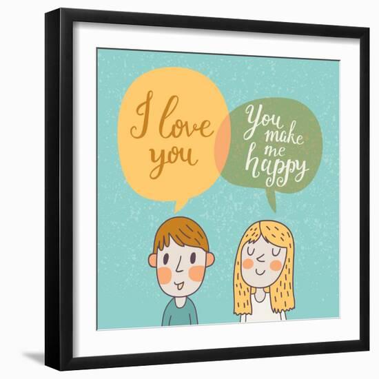 Cute Vector Card with Boy and Girl in Love. Romantic Background with I Love You Lettering. You Make-smilewithjul-Framed Art Print