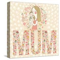 Cute Vector Card with Mother and Child. Word MUM Made of Flowers, Birds and Leafs. Mothers Day Post-smilewithjul-Stretched Canvas