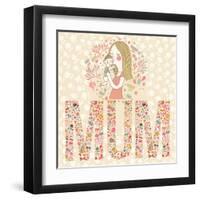 Cute Vector Card with Mother and Child. Word MUM Made of Flowers, Birds and Leafs. Mothers Day Post-smilewithjul-Framed Art Print