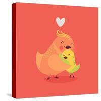 Cute Vector Cartoon Decorative Birds Mom and Child Characters Hugging Each Other Smiling. Parents L-Mascha Tace-Stretched Canvas