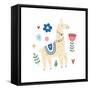 Cute Vector Poster with Llama Surrounded by Tropical Plants in Bright Color in Scandinavian Style F-olga Agureeva-Framed Stretched Canvas