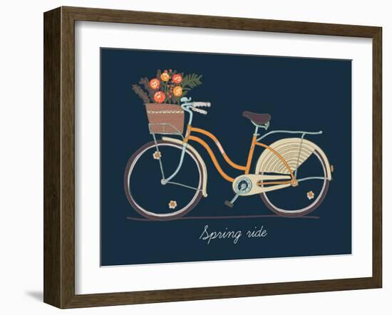 Cute Vector Retro Bicycle for Ladies with Basket Full of Spring Flowers | Hand Drawn Vintage Fashio-Mascha Tace-Framed Art Print