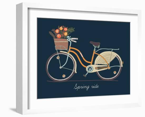 Cute Vector Retro Bicycle for Ladies with Basket Full of Spring Flowers | Hand Drawn Vintage Fashio-Mascha Tace-Framed Art Print