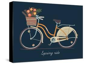 Cute Vector Retro Bicycle for Ladies with Basket Full of Spring Flowers | Hand Drawn Vintage Fashio-Mascha Tace-Stretched Canvas
