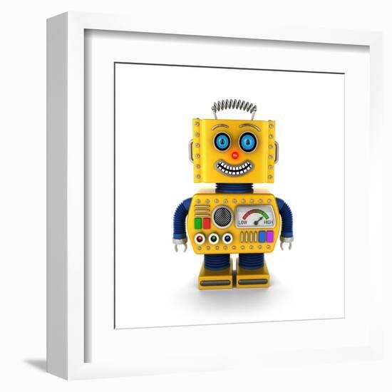 Cute Vintage Toy Robot over White Background Smiling Happily-badboo-Framed Art Print