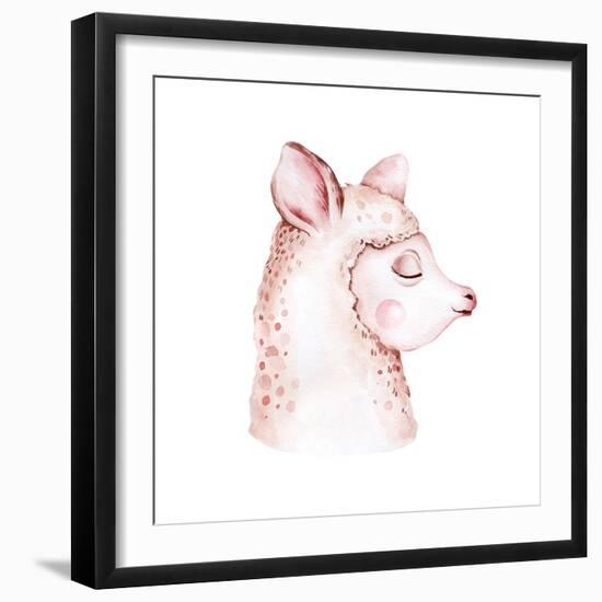 Cute Watercolor Llama, Alpaca Illustration Isolated on White. Llama Print Ethnic Blanket, Flowers W-Kris_art-Framed Photographic Print