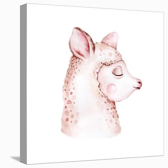 Cute Watercolor Llama, Alpaca Illustration Isolated on White. Llama Print Ethnic Blanket, Flowers W-Kris_art-Stretched Canvas