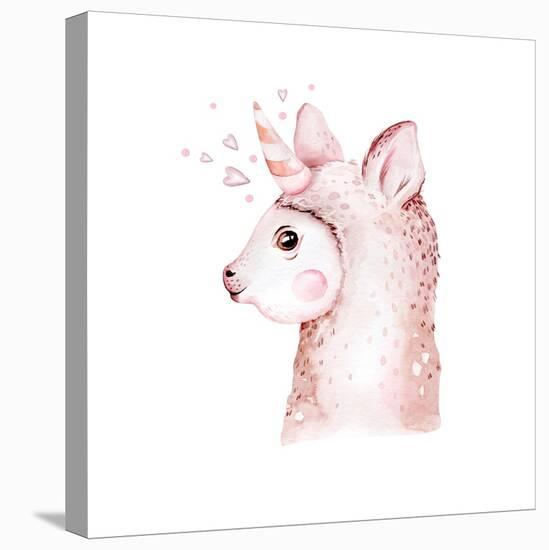 Cute Watercolor Llama, Alpaca Illustration Isolated on White. Llama Print Ethnic Blanket, Flowers W-Kris_art-Stretched Canvas