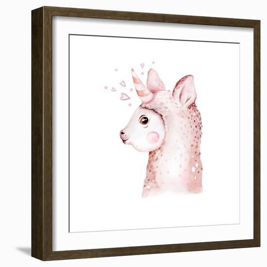 Cute Watercolor Llama, Alpaca Illustration Isolated on White. Llama Print Ethnic Blanket, Flowers W-Kris_art-Framed Photographic Print