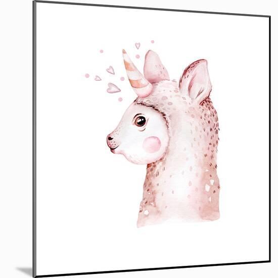 Cute Watercolor Llama, Alpaca Illustration Isolated on White. Llama Print Ethnic Blanket, Flowers W-Kris_art-Mounted Photographic Print
