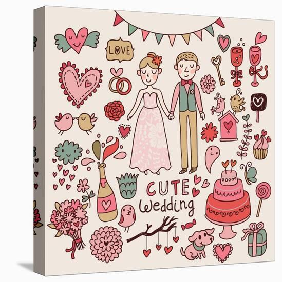 Cute Wedding. Big Cartoon Romantic Set in Vector-smilewithjul-Stretched Canvas