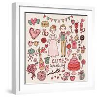 Cute Wedding. Big Cartoon Romantic Set in Vector-smilewithjul-Framed Art Print