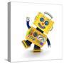 Cute Yellow Vintage Toy Robot over White Background Having Fun-badboo-Stretched Canvas