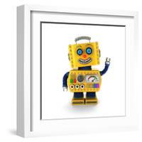 Cute Yellow Vintage Toy Robot over White Background Waving Hello-badboo-Framed Art Print