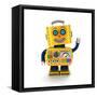 Cute Yellow Vintage Toy Robot over White Background Waving Hello-badboo-Framed Stretched Canvas