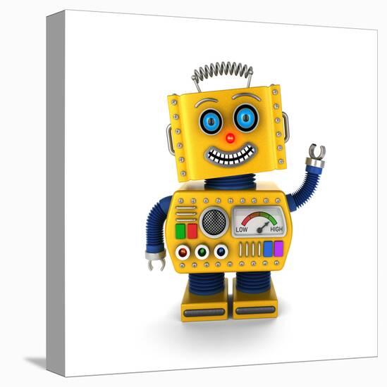 Cute Yellow Vintage Toy Robot over White Background Waving Hello-badboo-Stretched Canvas