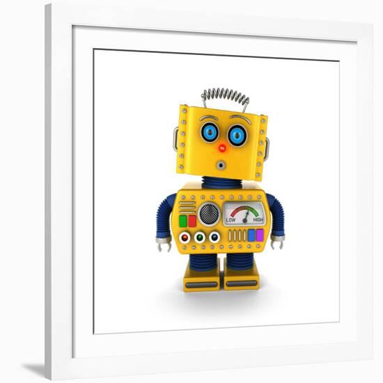 Cute Yellow Vintage Toy Robot with a Surprised Facial Expression over White Background-badboo-Framed Art Print