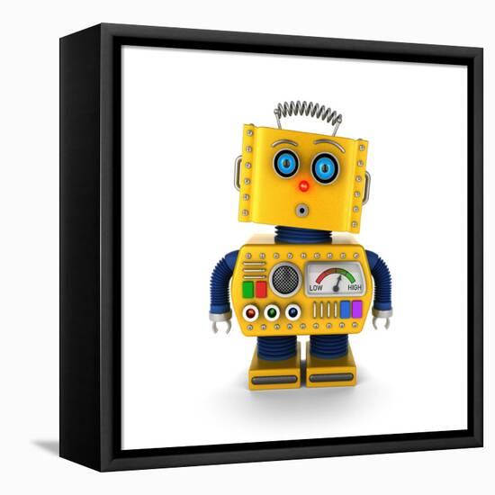 Cute Yellow Vintage Toy Robot with a Surprised Facial Expression over White Background-badboo-Framed Stretched Canvas