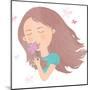 Cute Young Girl Smelling Flower Illustration-smilewithjul-Mounted Art Print