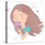 Cute Young Girl Smelling Flower Illustration-smilewithjul-Stretched Canvas