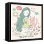 Cute Zodiac Sign - Aquarius. Vector Illustration. Little Girl with Long Beautiful Hair with Her Pin-smilewithjul-Framed Stretched Canvas