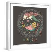 Cute Zodiac Sign - Pisces. Vector Illustration. Little Mermaid Swimming with Big Fish with Flowers-smilewithjul-Framed Art Print