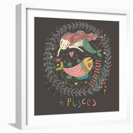 Cute Zodiac Sign - Pisces. Vector Illustration. Little Mermaid Swimming with Big Fish with Flowers-smilewithjul-Framed Art Print