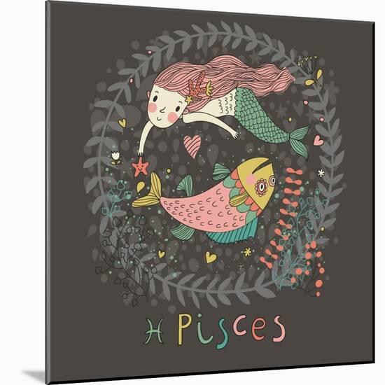 Cute Zodiac Sign - Pisces. Vector Illustration. Little Mermaid Swimming with Big Fish with Flowers-smilewithjul-Mounted Art Print