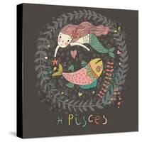 Cute Zodiac Sign - Pisces. Vector Illustration. Little Mermaid Swimming with Big Fish with Flowers-smilewithjul-Stretched Canvas