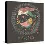 Cute Zodiac Sign - Pisces. Vector Illustration. Little Mermaid Swimming with Big Fish with Flowers-smilewithjul-Stretched Canvas