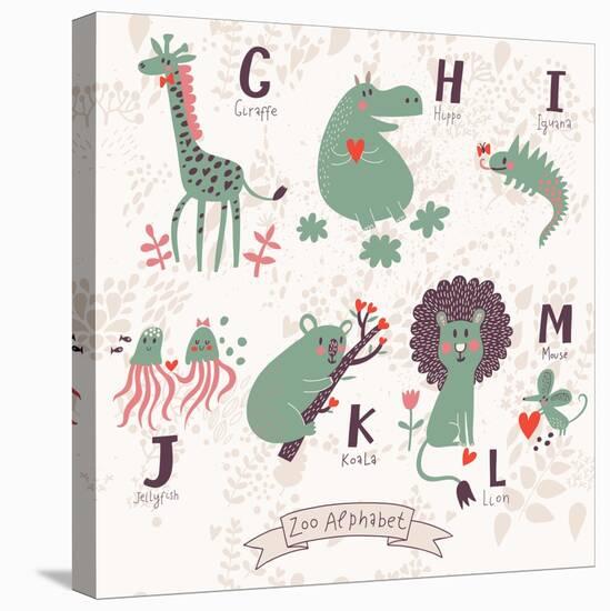 Cute Zoo Alphabet in Vector. G, H, I, J, K, L, M Letters. Funny Animals in Love. Giraffe, Hippo, Ig-smilewithjul-Stretched Canvas