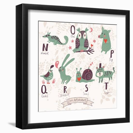 Cute Zoo Alphabet in Vector. N, O, P, Q, R, S, T Letters. Funny Animals in Love. Numbat, Owl, Pig,-smilewithjul-Framed Art Print