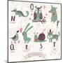 Cute Zoo Alphabet in Vector. N, O, P, Q, R, S, T Letters. Funny Animals in Love. Numbat, Owl, Pig,-smilewithjul-Mounted Art Print