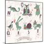 Cute Zoo Alphabet in Vector. N, O, P, Q, R, S, T Letters. Funny Animals in Love. Numbat, Owl, Pig,-smilewithjul-Mounted Art Print