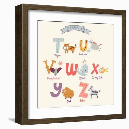 Cute Zoo Alphabet in Vector. T, U, V, W, X, Y, Z Letters. Funny Cartoon Animals. Tiger, Unicorn, Va-smilewithjul-Framed Art Print