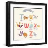 Cute Zoo Alphabet in Vector. T, U, V, W, X, Y, Z Letters. Funny Cartoon Animals. Tiger, Unicorn, Va-smilewithjul-Framed Art Print