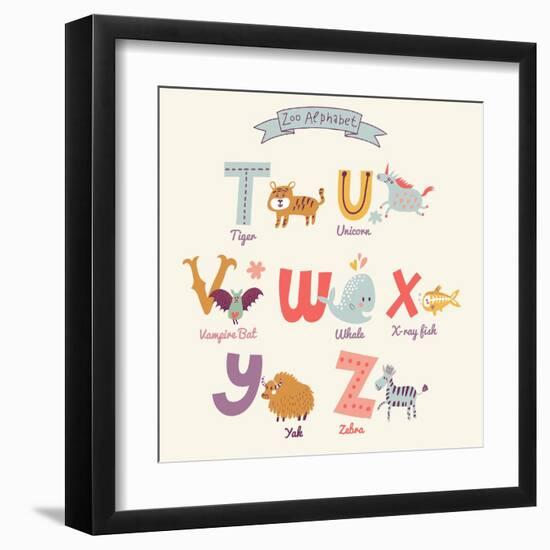 Cute Zoo Alphabet in Vector. T, U, V, W, X, Y, Z Letters. Funny Cartoon Animals. Tiger, Unicorn, Va-smilewithjul-Framed Art Print