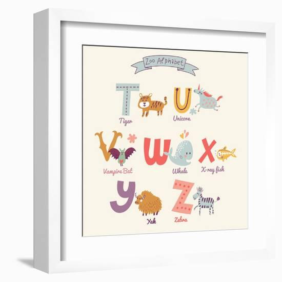 Cute Zoo Alphabet in Vector. T, U, V, W, X, Y, Z Letters. Funny Cartoon Animals. Tiger, Unicorn, Va-smilewithjul-Framed Art Print