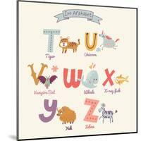 Cute Zoo Alphabet in Vector. T, U, V, W, X, Y, Z Letters. Funny Cartoon Animals. Tiger, Unicorn, Va-smilewithjul-Mounted Art Print